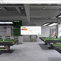 Modern Billiard Room Interior With Green Felt Pool Tables Hanging Lights And Cue Racks