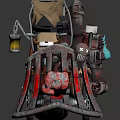 Steampunk Mechanical Cart With Metal Structure Pipes Wheels And Colorful Bottles