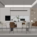 Modern Restaurant Interior With Open Kitchen Dining Table Chairs And Lighting 3d model