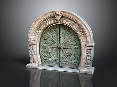 Classical Ornate Arched Stone Door With Intricate Bronze Carvings And Decorative Frame 3d model