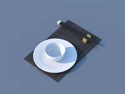 Daily Living Tableware White Bowl On Plate With Dark Placemat Black Chopsticks And Golden Rest 3d model