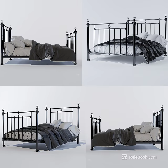 Black Iron Double Bed Frame With Modern Bedspread And White Pillows 3d model 