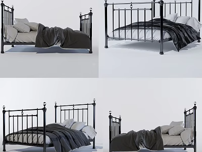 Black Iron Double Bed Frame With Modern Bedspread And White Pillows 3d model