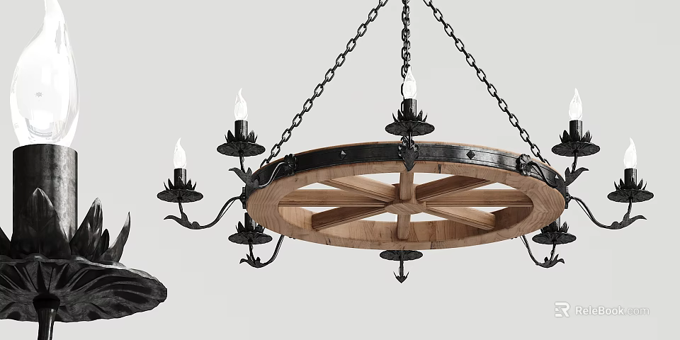 Rustic Wooden Wheel Shaped Chandelier With Metal Chains And Candle Holders 3d model 