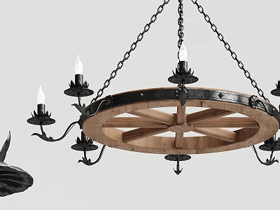 Rustic Wooden Wheel Shaped Chandelier With Metal Chains And Candle Holders 3d model