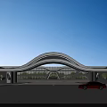 Modern Entrance Gate With Curved Arch Structure And Red Car Under Blue Sky