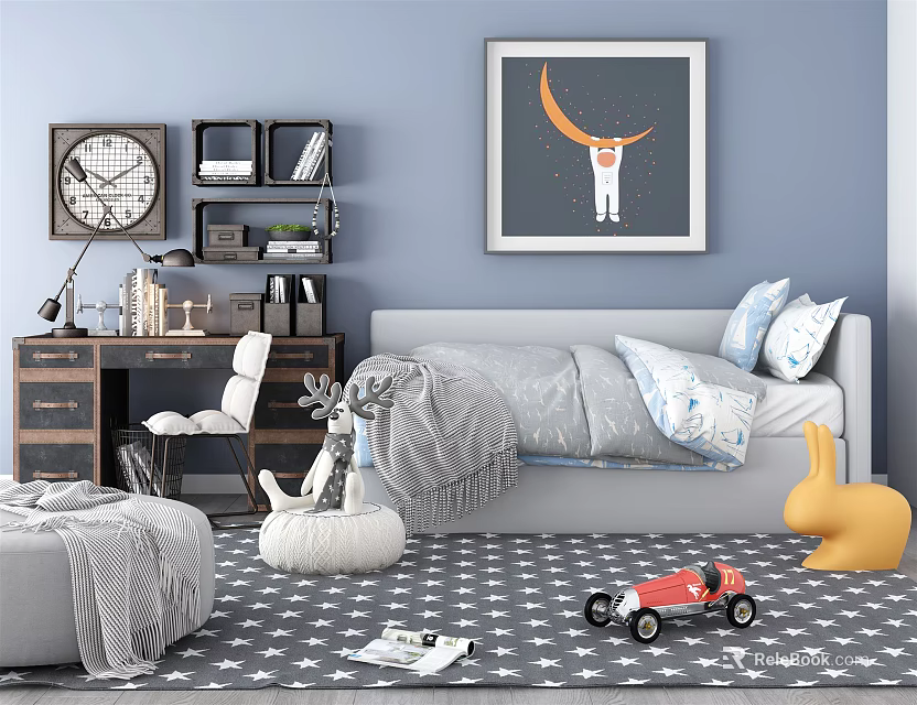 Cozy Kids Bedroom Interior With Blue Walls Gray Bed Moon Astronaut Painting And Toys 3d model 
