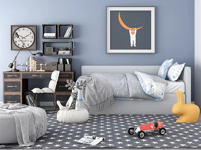 Cozy Kids Bedroom Interior With Blue Walls Gray Bed Moon Astronaut Painting And Toys 3d model
