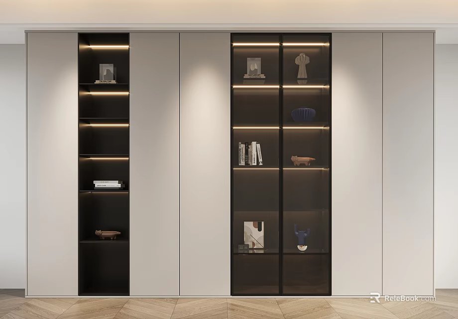 Modern Bookcase Interior Design With Glass Doors LED Lighting And Decorative Items 3d model 