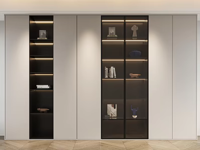 Modern Bookcase Interior Design With Glass Doors LED Lighting And Decorative Items 3d model