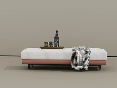White Upholstered Sofa Bench With Pink Base Gold Legs Tray Bottle Glasses And Plaid Blanket 3d model