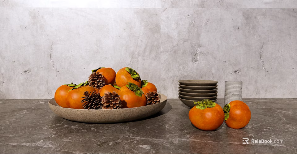 Fresh Persimmons in Brown Plate with Pine Cones Bowls and Clear Cups on Gray Tabletop 3d model 