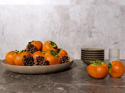 Fresh Persimmons in Brown Plate with Pine Cones Bowls and Clear Cups on Gray Tabletop 3d model