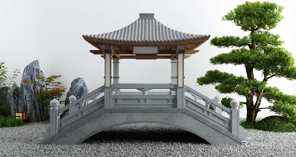 Japanese Style Garden Ornament With Stone Bridge Pavilion And Pine Tree Gravel 3d model 
