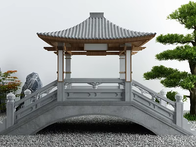 Japanese Style Garden Ornament With Stone Bridge Pavilion And Pine Tree Gravel 3d model