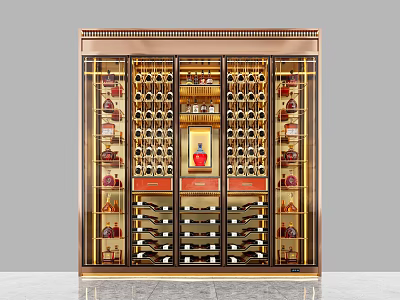 Luxurious Modern Wine Cabinet Interior Design With Gold Frame Glass Doors And Wine Racks 3d model