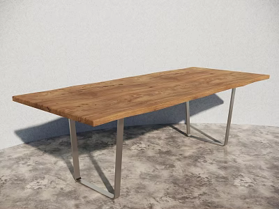 Natural Wooden Dining Table With Sleek Metal Legs On Gray Floor 3d model