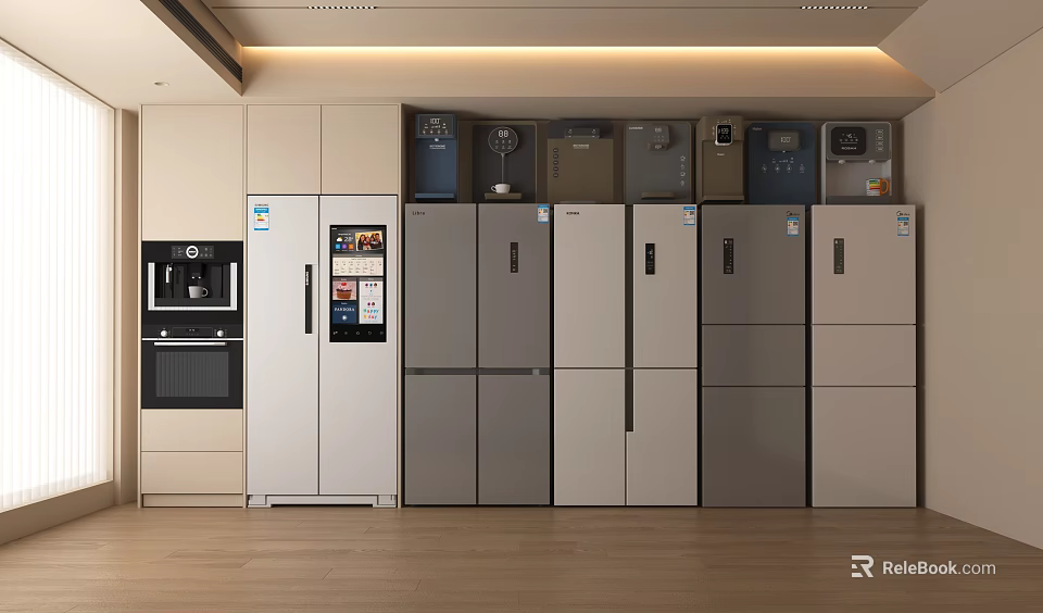 Various Styles Stainless Steel Refrigerators and Freezers Display in Modern Kitchen With Cabinets 3d model 
