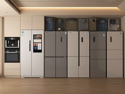 Various Styles Stainless Steel Refrigerators and Freezers Display in Modern Kitchen With Cabinets 3d model