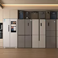 Various Styles Stainless Steel Refrigerators and Freezers Display in Modern Kitchen With Cabinets