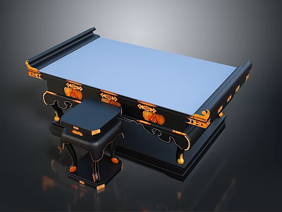 Traditional Chinese Style Black Desk With Ornate Golden Decorations And Carved Stool 3d model