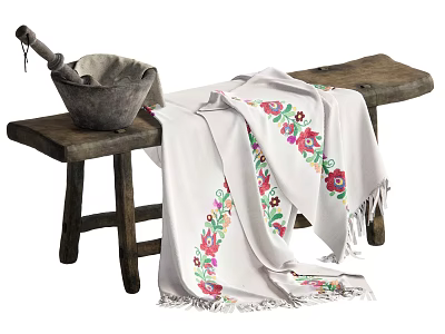 Vintage Rustic Wooden Bench With Mortar Pestle And White Floral Embroidered Fringed Blanket 3d model