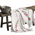 Vintage Rustic Wooden Bench With Mortar Pestle And White Floral Embroidered Fringed Blanket