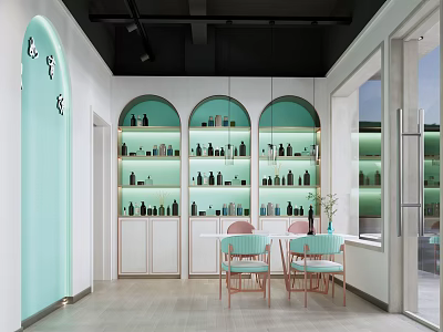 Modern Beauty Hair Salon Interior With Mint Green Walls Arched Display Shelves And Products 3d model