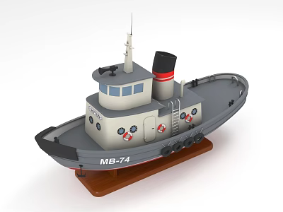 MB-74 Model Ship With Black Chimney Gray White Body And Red Lifebuoys On Wooden Base 3d model