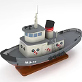 MB-74 Model Ship With Black Chimney Gray White Body And Red Lifebuoys On Wooden Base