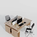 Modern Office Desk and Chair Set With Wooden Table Computer Monitor Keyboard and Small Plants
