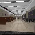 Spacious Modern Service Hall Interior With Waiting Chairs Service Counters Wall Posters And Ceiling Lights