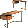 Modern Home Office Desk With Wooden Top And Gold Metal Frame Design