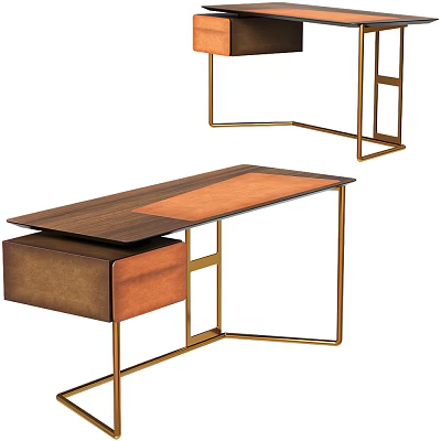 Modern Home Office Desk With Wooden Top And Gold Metal Frame Design 3d model
