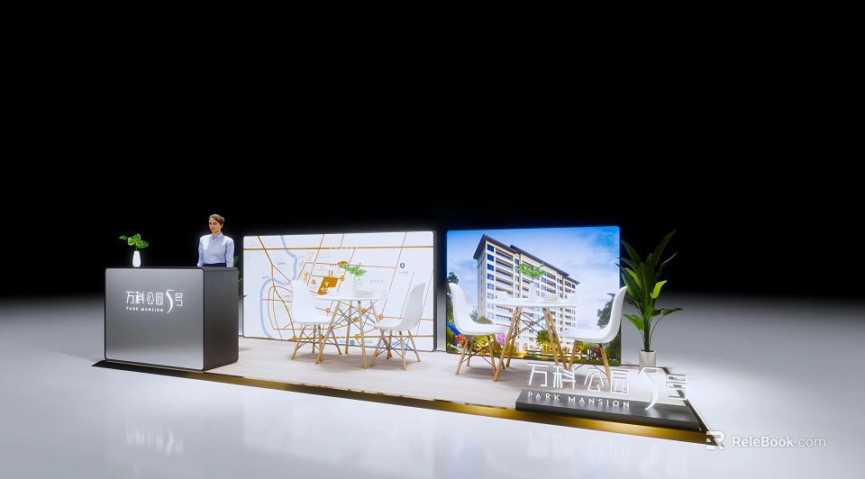 Modern Exhibition Booth With Person Tables Chairs Large Screens Map Layout And Building Renderings 3d model 