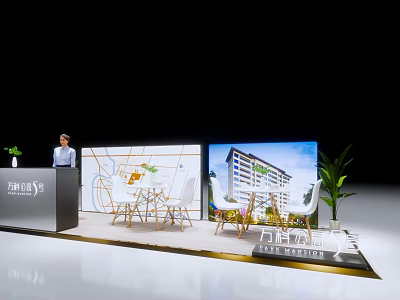 Modern Exhibition Booth With Person Tables Chairs Large Screens Map Layout And Building Renderings 3d model