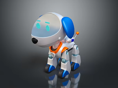 Cartoon Style Robotic Dog Character With Blue Ears Glowing Eyes And Orange Details 3d model