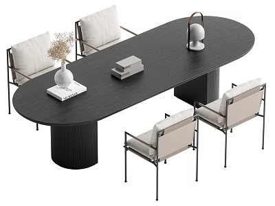 Modern Black Oval Dining Table Set With Four Light Chairs And Decorative Vase Lamp Books 3d model