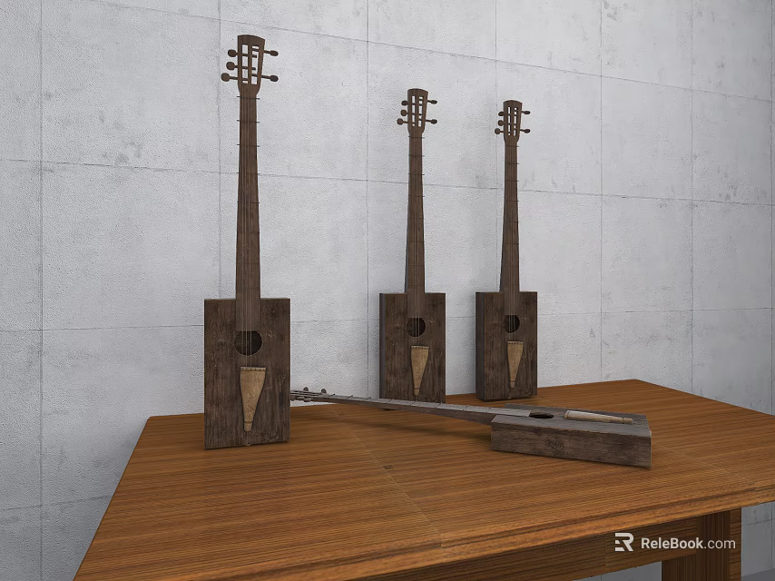 Handcrafted Wooden String Instruments Displayed On Wooden Table With Gray Wall Background 3d model 