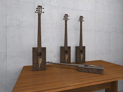 Handcrafted Wooden String Instruments Displayed On Wooden Table With Gray Wall Background 3d model