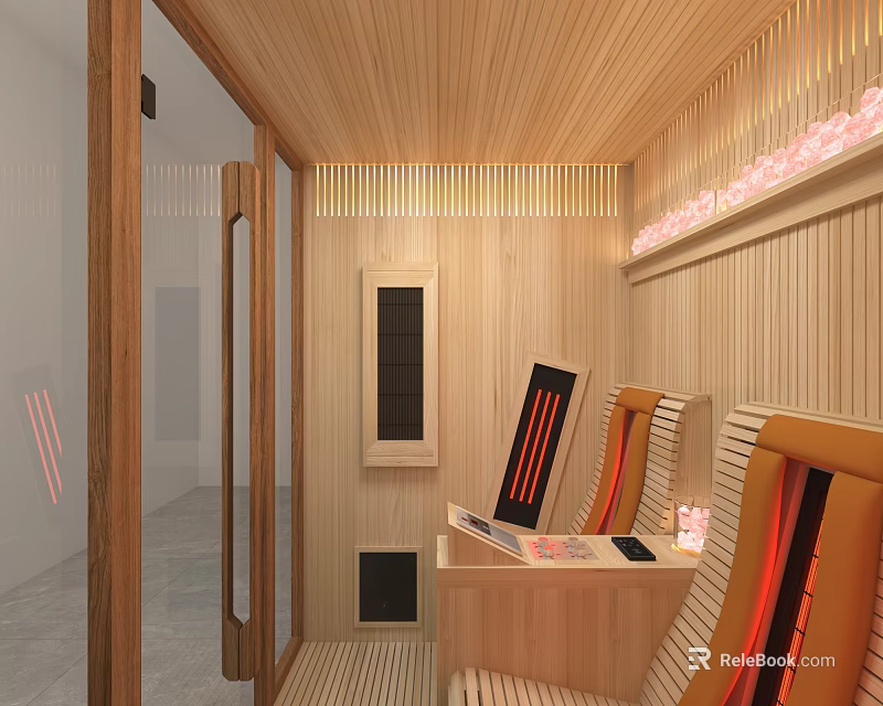 Wooden Sauna Interior With Comfortable Seats Red Heating Elements And Warm Lighting 3d model 