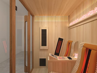 Wooden Sauna Interior With Comfortable Seats Red Heating Elements And Warm Lighting 3d model