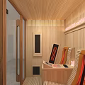 Wooden Sauna Interior With Comfortable Seats Red Heating Elements And Warm Lighting 3d model