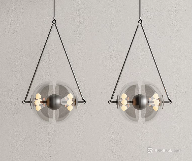 Modern Double Chandelier Design With Metal Frames And Transparent Spherical Shades 3d model 