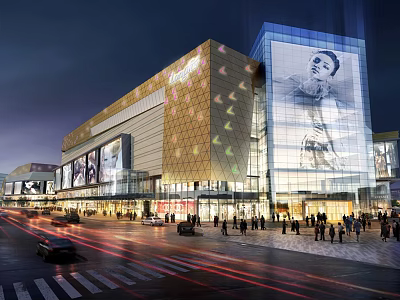 Modern Commercial Street With Geometric Facade Large Screens Evening Lighting And Pedestrian Vehicle Flow 3d model