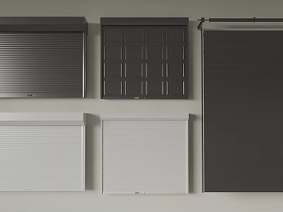 Different Garage Door Designs Including Roll Up and Panel Styles in Gray and White 3d model