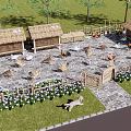 Rural Farmyard With Thatched Huts Chickens Dog Stone Path And Flower Beds