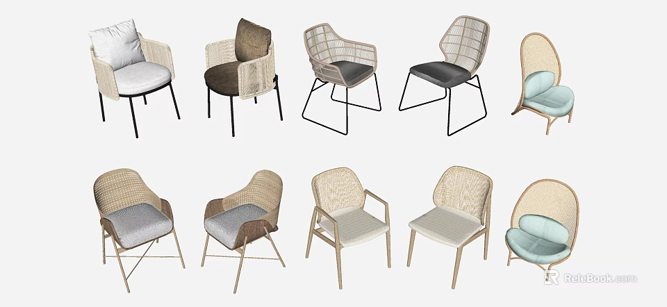 Stylish Outdoor Chairs Featuring Various Woven Patterns And Metal Frame Designs 3d model