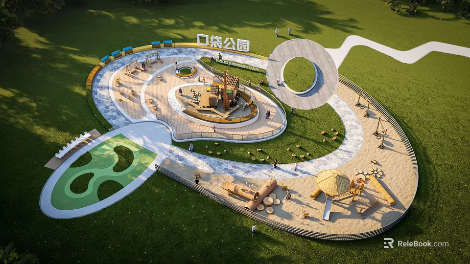 Pocket Park Landscape With Circular Pathways Children's Play Facilities And Sandpit 3d model