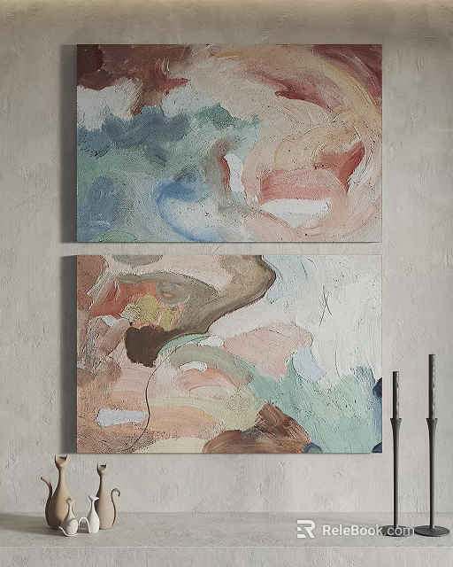 Abstract Paintings On Wall With Blue Pink Brown White Colors And Candle Holders 3d model 
